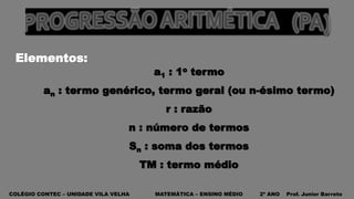 COLÉGIO CONTEC – UNIDADE VILA VELHA MATEMÁTICA – ENSINO MÉDIO 2º ANO Prof. Junior Barreto
Elementos:
a1 : 1o termo
an : termo genérico, termo geral (ou n-ésimo termo)
r : razão
n : número de termos
Sn : soma dos termos
TM : termo médio
 