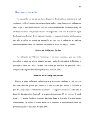 12

Modelo de valoración

La valoración es una de las etapas de proceso de atención de enfermería la cual
consiste en verificar los datos obtenidos mediante la observación, la entrevista y el examen
físico al que es sometido el usuario. Mediante esta se corroboran los datos subjetivos y los
objetivos los cuales solo pueden validarse con el paciente, o en caso de duda con algún
familiar cercano. Después de ser recabados los datos es necesario organizar la información,
para ello se utiliza un modelo de valoración, en este caso la valoración se realizara
mediante la valoración de los “Patronees funcionales de Salud” de Marjory Gordon.
Valoración de Margory Gordon

La valoración por Patrones Funcionales es un marco construido con una visión
integral de la salud que aborda aspectos sociales y culturales además de lo biológico o
psicológico. Estos son once Patrones Funcionales que sintetizan los procesos vitales,
siempre desde un punto de vista integral de salud (Gordon, 2006).
Valoración del lactante y niño pequeño.
Cuando se añada un lactante o niño pequeño a la carga de trabajo de la enfermera, se
hace una valoración general para establecer la base de datos para valorar el desarrollo y
para los diagnósticos y tratamiento enfermeros. Se requiere información sobre (1) el
desarrollo de cada patrón funcional y el crecimiento anatómico, (2) los patrones de salud
actual, y (3) la salud familiar y el entorno doméstico donde se desarrolla el lactante o niño.
Como mínimo, la historia y examen físico de la enfermera al ingreso deben cribar los
problemas de mayor incidencia (Gordon, 2006).

 
