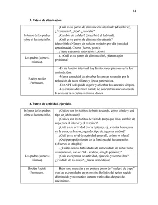 14
3. Patrón de eliminación.

Informe de los padres
sobre el lactante/niño.

Los padres (sobre sí
mismos).

Recién nacido
Prematuro.

¿Cuál es su patrón de eliminación intestinal? (describirlo),
¿frecuencia?, ¿tipo?, ¿malestar?
¿Cambio de pañales? (describiré el habitual).
¿Cuál es su patrón de eliminación urinaria?
(describirlo).Número de pañales mojados por día (cantidad
aproximada). Chorro (fuerte, goteo).
¿Tiene exceso de sudoración? ¿Olor?
a. ¿Cuál es su patrón de eliminación?, ¿tienen algún
problema?
-En su función intestinal hay limitaciones para convertir los
aminoácidos.
-Menor capacidad de absorber las grasas saturadas por la
reducción de sales biliares y lipasa pancreática.
-El RNPT solo puede digerir y absorber los azucares simples.
-Los riñones del recién nacido no concentran adecuadamente
la orina ni la excretan en forma idónea.

4. Patrón de actividad-ejercicio.
Informe de los padres
sobre el lactante/niño.

Los padres (sobre sí
mismos).
Recién Nacido
Prematuro.

¿Cuáles son los hábitos de baño (cuándo, cómo, dónde y qué
tipo de jabón usan)?
¿Cuáles son los hábitos de vestido (ropa que lleva, cambio de
ropa para el interior y el exterior)?
¿Cuál es su actividad diaria típica (p. ej., cuántas horas pasa
en la cuna, en brazos, jugando; tipo de juguetes usados)?
¿Cuál es su nivel de actividad general?, ¿cómo lo tolera?
¿Qué percepción tienen de la fortaleza del lactante/niño.
(«Fuerte» o «frágil»)?
. ¿Cuáles son las habilidades de autocuidado del niño (baño,
alimentación, uso del WC. vestido, arreglo personal)?
¿Cuál es el patrón de actividad, ejercicio y tiempo libre?
¿Cuidado de los niños?, ¿tareas domésticas?
Bajo tono muscular y en postura como de “muñeco de trapo”
con las extremidades en extensión. Reflejos del recién nacido
disminuido y no reactivo durante varios días después del
nacimiento.

 