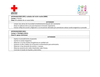 INTERVENCIONES (NIC): cuidados del recién nacido (6880)
Campo: 5 familia
Clase: W cuidados de un nuevo bebe.
ACTIVIDADES

-

Limpiar vías aéreas de mucosidad inmediatamente después del nacimiento.
Elevar el cabecero de la cuna para favorecer la función respiratoria.
Evaluar reflejo de succión y deglución si se encuentran afectados por prematurez colocar sonda orogastrica si procede.

INTERVENCIONES (NIC):
Campo 1: fisiológico básico
Clase D: apoyo nutricional
ACTIVIDADES

-

Explicar el procedimiento al paciente
Insertar la sonda orogastrica
Observar si no hay residuos de gástricos en cavidad oral.
Sostener al niño y hablar con el durante la alimentación para estimularlo.
Observar si hay sensación de vomito o nauseas.
Observar presencia de ruidos intestinales cada 3 horas.
Controlar el estado de líquidos y electrolitos

 