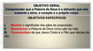 P
R
O
D
I
R
L
E
I
S
A
N
T
O
S
E
B
D
OBJETIVOS ESPECÍFICOS
I. Mostrar o significado dos pães da proposição;
II. Reconhecer a Palavra de Deus como pão da vida;
III. Conscientizar de que Jesus Cristo é o Pão que desceu do
céu.
 