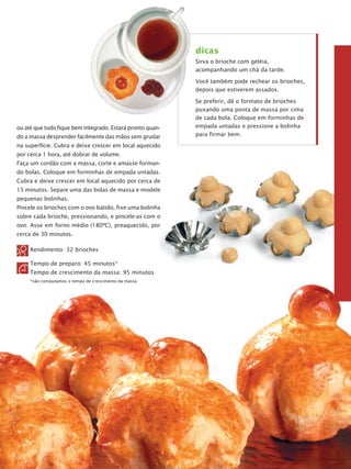 dicas
Sirva o brioche com geléia,
acompanhando um chá da tarde.
Você também pode rechear os brioches,
depois que estiverem assados.

ou até que tudo fique bem integrado. Estará pronto quando a massa desprender facilmente das mãos sem grudar
na superfície. Cubra e deixe crescer em local aquecido
por cerca 1 hora, até dobrar de volume.
Faça um cordão com a massa, corte e amasse formando bo­as. Coloque em forminhas de empada untadas.
l
Cubra e dei­ e crescer em local aquecido por cerca de
x
15 minutos. Separe uma das bolas de massa e modele
pequenas bolinhas.
Pincele os brioches com o ovo batido, fixe uma bolinha
sobre cada brioche, pressionando, e pincele-as com o
ovo. Asse em forno médio (180ºC), prea­ ue­ ido, por
q c
cerca de 30 minutos.
Rendimento: 32 brioches
Tempo de preparo: 45 minutos*
Tempo de crescimento da massa: 95 minutos
*não computamos o tempo de crescimento da massa

Se preferir, dê o formato de brioches
puxando uma ponta de massa por cima
de cada bola. Coloque em forminhas de
empada untadas e pressione a bolinha
para firmar bem.

 