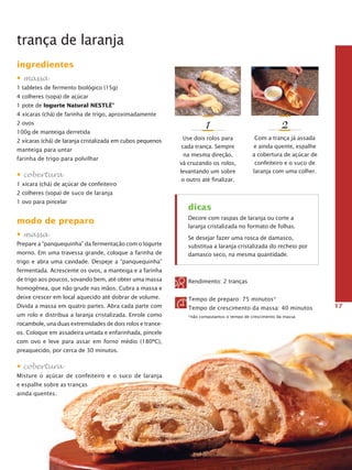 trança de laranja
ingredientes
• massa
1 tabletes de fermento biológico (15g)
4 colheres (sopa) de açúcar
1 pote de Iogurte Natural Nestlé®
4 xícaras (chá) de farinha de trigo, aproximadamente
2 ovos
100g de manteiga derretida
2 xícaras (chá) de laranja cristalizada em cubos pequenos
manteiga para untar
farinha de trigo para polvilhar

• cobertura
1 xícara (chá) de açúcar de confeiteiro

1

2

Use dois rolos para
cada trança. Sempre
na mesma direção,
vá cruzando os rolos,
levantando um sobre
o outro até finalizar.

Com a trança já assada
e ainda quente, espalhe
a cobertura de açúcar de
confeiteiro e o suco de
laranja com uma colher.

2 colheres (sopa) de suco de laranja
1 ovo para pincelar

modo de preparo
• massa
Prepare a “panquequinha” da fermentação com o Iogurte
morno. Em uma travessa grande, coloque a farinha de

dicas
Decore com raspas de laranja ou corte a
laranja cristalizada no formato de folhas.
Se desejar fazer uma rosca de damasco,
substitua a laranja cristalizada do recheio por
damasco seco, na mesma quantidade.

trigo e abra uma cavidade. Despeje a “panquequinha”
fermentada. Acrescente os ovos, a manteiga e a farinha
de trigo aos pou­­
cos, sovando bem, até obter uma massa

Rendimento: 2 tranças

homogênea, que não grude nas mãos. Cubra a massa e
deixe cres­ er em local aquecido até dobrar de volume.
c

Tempo de preparo: 75 minutos*

Divida a massa em quatro partes. Abra cada parte com

Tempo de crescimento da massa: 40 minutos

um rolo e distribua a laranja cristalizada. Enrole como

*não computamos o tempo de crescimento da massa

ro­­­
cambole, una duas extremidades de dois rolos e tranceos. Coloque em assadeira untada e enfarinhada, pin­ ele
c
com ovo e leve para assar em forno médio (180ºC),
preaquecido, por cerca de 30 minutos.

• cobertura
Misture o açúcar de confeiteiro e o suco de laranja
e espalhe sobre as tranças
ainda quentes.

17

 