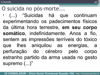O Suicídio
http://estudosespiritas.tkhttp://estudosespiritas.tk
O suicida no pós-morte...
18
• (...) “Suicidas há que continuam
experimentando os padecimentos físicos
da última hora terrestre, em seu corpo
somático, indefinidamente. Anos a fio,
sentem as impressões terríveis do tóxico
que lhes aniquilou as energias, a
perfuração do cérebro pelo corpo
estranho partido da arma usada no gesto
supremo (...)”
(O CONSOLADOR – Chico Xavier/ Emmanuel Questão 154)
 