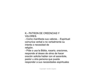 Copyright: Sandra Zapata
K.- PATRON DE CREENCIAS Y
VALORES.
- Como manifiesta sus valores. - Espiritual:
comunica verbal o no verbalmente su
interés o necesidad de
religión.
- Pide o usa la Biblia, rosario, oraciones,
responde al deseo de otros de hacer
oración solicita hablar con el sacerdote,
pastor u otra persona que pueda
responder a sus necesidades espirituales
 