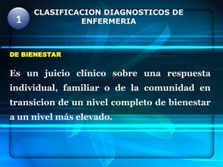 CLASIFICACION DIAGNOSTICOS DE
ENFERMERIA
DE BIENESTAR
Es un juicio clínico sobre una respuesta
individual, familiar o de la comunidad en
transicion de un nivel completo de bienestar
a un nivel más elevado.
1
 
