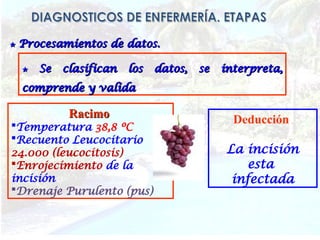 ★
★ Procesamientos de datos.
Procesamientos de datos.
★
★ Se clasifican los datos, se interpreta,
Se clasifican los datos, se interpreta,
comprende y valida
comprende y valida
Racimo
Racimo
Temperatura 38,8 ºC
Recuento Leucocitario
24.000 (leucocitosis)
Enrojecimiento de la
incisión
Drenaje Purulento (pus)
Deducción
La incisión
esta
infectada
 