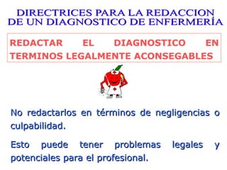 REDACTAR EL DIAGNOSTICO EN
TERMINOS LEGALMENTE ACONSEGABLES
No redactarlos en términos de negligencias o
No redactarlos en términos de negligencias o
culpabilidad.
culpabilidad.
Esto puede tener problemas legales y
Esto puede tener problemas legales y
potenciales para el profesional.
potenciales para el profesional.
 