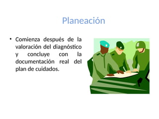 Planeación
• Comienza después de la
valoración del diagnóstico
y concluye con la
documentación real del
plan de cuidados.
 