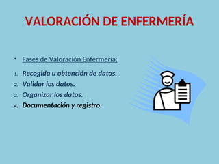 VALORACIÓN DE ENFERMERÍA
• Fases de Valoración Enfermería:
1. Recogida u obtención de datos.
2. Validar los datos.
3. Organizar los datos.
4. Documentación y registro.
 