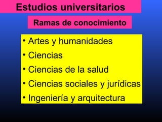 Estudios universitarios <ul><li>Artes y humanidades </li></ul><ul><li>Ciencias </li></ul><ul><li>Ciencias de la salud </li...