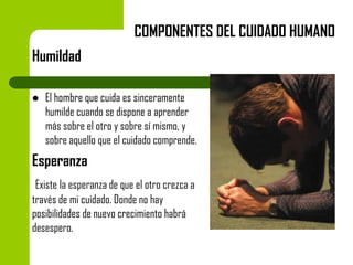 COMPONENTES DEL CUIDADO HUMANO

Humildad


El hombre que cuida es sinceramente
humilde cuando se dispone a aprender
más sobre el otro y sobre sí mismo, y
sobre aquello que el cuidado comprende.

Esperanza
Existe la esperanza de que el otro crezca a
través de mi cuidado. Donde no hay
posibilidades de nuevo crecimiento habrá
desespero.

 