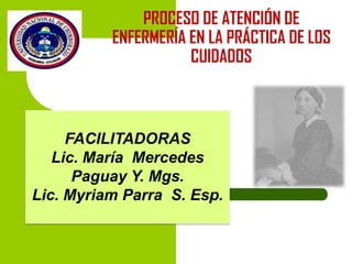 PROCESO DE ATENCIÓN DE
ENFERMERÍA EN LA PRÁCTICA DE LOS
CUIDADOS

FACILITADORAS
Lic. María Mercedes
Paguay Y. Mgs.
Lic. Myriam Parra S. Esp.

 