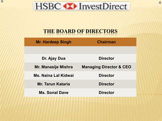 COMPANY PROFILEHSBC InvestDirect (India) Limited (HIDL) is listed on the Bombay Stock Exchange Limited and National Stock Exchange Limited.
