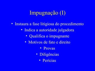 Impugnação (I) Instaura a fase litigiosa do procedimento Indica a autoridade julgadora Qualifica o impugnante Motivos de fato e direito Provas Diligências Perícias 