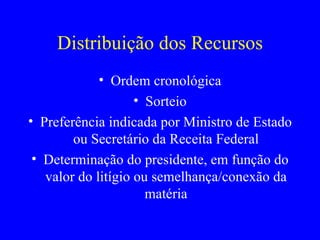 Distribuição dos Recursos Ordem cronológica Sorteio Preferência indicada por Ministro de Estado ou Secretário da Receita Federal Determinação do presidente, em função do valor do litígio ou semelhança/conexão da matéria 