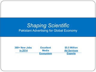 Shaping Scientific
PakistaniAdvertising for Global Economy
380+ New Jobs
in 2014
Excellent Media
Ecosystem
$5.5 Million
Ad Services Exports
 