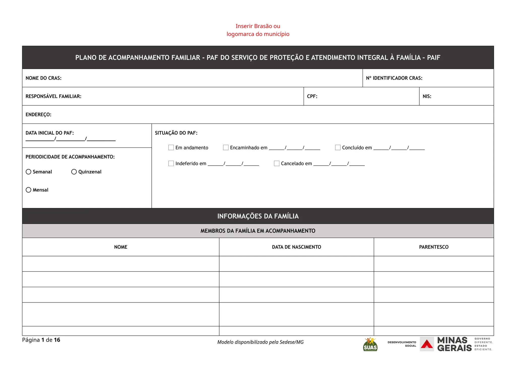 PLANO DE ACOMPANHAMENTO FAMILIAR - PAF DO SERVIÇO DE PROTEÇÃO E ...