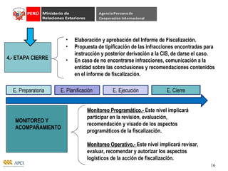 4.- ETAPA CIERRE Elaboración y aprobación del Informe de Fiscalización. Propuesta de tipificación de las infracciones encontradas para instrucción y posterior derivación a la CIS, de darse el caso. En caso de no encontrarse infracciones, comunicación a la entidad sobre las conclusiones y recomendaciones contenidos en el informe de fiscalización. Monitoreo Programático.-   Este nivel implicará participar en la revisión, evaluación, recomendación y visado de los aspectos programáticos de la fiscalización. Monitoreo Operativo.-   Este nivel implicará revisar, evaluar, recomendar y autorizar los aspectos logísticos de la acción de fiscalización . MONITOREO Y ACOMPAÑAMIENTO E. Preparatoria E. Planificación  E. Ejecución E. Cierre 