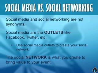 SOCIAL MEDIA VS. SOCIAL NETWORKING
Social media and social networking are not
synonyms.

Social media are the OUTLETS like...