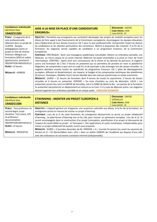 17
Candidature individuelle
Identifiant Gaia
19A0251583
AIDE A LA MISE EN PLACE D’UNE CANDIDATURE
ERASMUS+
ORGANISME : DAFOR
Code thème :19JK
Code DAFOR : SP
PUBLIC : Enseignants de la
voie professionnelle
débutant dans un projet de
mobilité. Équipes
pédagogiques ayant un
projet en liste de réserve.
Directeur délégué aux
formations (DDF) et cadres
(gestionnaire, proviseur). -
INSCRIPTION INDIVIDUELLE
DUREE: 12 heures
MODALITE : HYBRIDE
OBJECTIFS : Permettre aux enseignants qui souhaitent développer des projets de mobilité européens pour les
élèves de faire appel à des financements de la Commission européenne. Accompagner les équipes éducatives
dans l'élaboration de leur dossier Erasmus+ Clé 1 pour la voie professionnelle. Comprendre l'esprit du dossier
de candidature et les attentes particulières des correcteurs. Mettre à disposition des tutoriels. A la fin de la
formation, les stagiaires seront capables de candidater à un programme Erasmus+ de la Commission
européenne.
CONTENUS : PRE-REQUIS : Avoir une messagerie académique consultable. Détenir un ordinateur portable, une
Webcam, un micro casque et un accès Internet. Maîtriser les bases essentielles à la prise en main de l'outil
informatique. CONTENU : Après avoir pris connaissance de la charte et du déroulé du parcours, le stagiaire
suivra une formation de 2 fois 3 heures en présentiel qui lui permettra de prendre en main la plateforme
Magistère, de comprendre à quoi sert un code Pic et de participer à des échanges lors de classes virtuelles. Le
stagiaire abordera ensuite toutes les spécificités du programme Erasmus+ Clé 1 (plan de développement
européen, diffusion et dissémination). Les impacts, le budget et les composantes techniques des plateformes
(Erasmus+, Penelope+, Mobility Tool+) seront abordés dans des séances asynchrones en totale autonomie.
MODALITE : DUREE = 12 heures de formation dont 4 heures de travail en asynchrone, 2 heures de classes
virtuelles et 6 heures en présentiel. PERIODE = Du mois d'octobre au mois de décembre. LIEUX = Les
présentiels auront lieu soit à la DAFOR de Versailles, soit à la DANE de Marly le Roi. Les parties de la formation
en présentiel nécessiteront un déplacement en voiture ou en train. Il n'y a pas de déjeuner prévu. Les stagiaires
devront apporter leur ordinateur portable et un casque audio. PARCOURS SCENARISE
Candidature individuelle
Identifiant Gaia
19A0251584
ETWINNING : MONTER UN PROJET EUROPEEN A
DISTANCE
ORGANISME : DAFOR
VERSAILLES
Code thème :19JK
Code DAFOR : SP
PUBLIC : Tout professeur du
second degré, toute
discipline. Tout statut, CPE
et professeur-
documentaliste -
INSCRIPTION INDIVIDUELLE
DUREE: 12 heures
MODALITE : PRESENTIEL
OBJECTIFS : L'objectif général est d'apporter une ouverture culturelle aux élèves. A la fin de la formation, les
enseignants seront en mesure de monter un projet eTwinning.
CONTENUS : Lors de la J1 de cette formation, les enseignants découvriront ce qu'est un projet collaboratif
eTwinning , la plate-forme eTwinning Live et les clés pour trouver un partenaire européen. Lors de la J2, ils
seront accompagnés dans la construction d'un projet (conception, planification d'un projet et découverte de
l'espace de travail dédié au projet : le Twinspace ). Des applications et outils numériques, indispensables pour
mener un projet collaboratif de qualité, seront aussi proposés.
MODALITE : DUREE = 2 journées dissociées de 6h. PERIODE = J1 = Journée fin janvier (ou avant les vacances de
février) et J2 = fin février/début mars. LIEU = dans un atelier CANOPE de l'académie qui dispose d'une salle
avec des ordinateurs et une bonne connexion internet (indispensable).
 