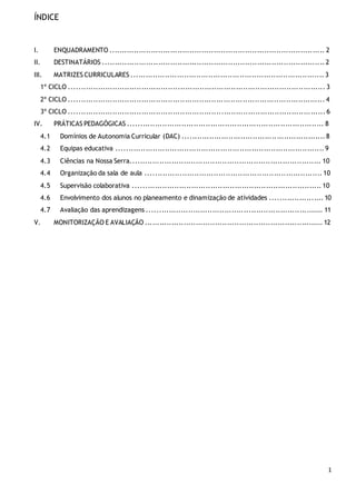 1
ÍNDICE
I. ENQUADRAMENTO ......................................................................................... 2
II. DESTINATÁRIOS ............................................................................................ 2
III. MATRIZES CURRICULARES ................................................................................ 3
1º CICLO .......................................................................................................... 3
2º CICLO .......................................................................................................... 4
3º CICLO .......................................................................................................... 6
IV. PRÁTICAS PEDAGÓGICAS ................................................................................. 8
4.1 Domínios de Autonomia Curricular (DAC) ........................................................... 8
4.2 Equipas educativa ...................................................................................... 9
4.3 Ciências na Nossa Serra............................................................................... 10
4.4 Organização da sala de aula ......................................................................... 10
4.5 Supervisão colaborativa .............................................................................. 10
4.6 Envolvimento dos alunos no planeamento e dinamização de atividades ...................... 10
4.7 Avaliação das aprendizagens ......................................................................... 11
V. MONITORIZAÇÃO E AVALIAÇÃO .......................................................................... 12
 