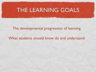 THE LEARNING GOALS

  The developmental progression of learning

What students should know do and understand
 