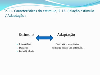 2.11- Características do estimulo; 2.12- Relação estimulo
/ Adaptação :
Estímulo Adaptação
 Intensidade Para existir adaptação
 Duração tem que existir um estímulo.
 Periodicidade
 