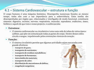 4.1 – Sistema Cardiovascular – estrutura e função
O corpo humano é uma máquina fantástica. Desempenha numerosas funções ao mesmo
tempo, todas elas com a sua importância para a sobrevivência. Estas tarefas são
desempenhadas por órgãos que, relacionados e interligados de modo funcional, constituem
sistemas: digestivo, excretor, nervoso, respiratório, muscular, reprodutor, endócrino, ósseo,
linfático e aquele de que trata o nosso projecto, o cardiovascular.
 Estrutura:
 O sistema cardiovascular ou circulatório é uma vasta rede de tubos de vários tipos e
calibres, que põe em comunicação todas as partes do corpo. Dentro desses tubos
circula o sangue, impulsionado pelas contracções rítmicas do coração.
 Função:
 O sistema circulatório permite que algumas actividades sejam executadas com
grande eficiência:
 transporte de gases;
 transporte de nutrientes;
 transporte de resíduos metabólicos;
 transporte de hormonas;
 intercâmbio de materiais;
 transporte de calor;
 distribuição de mecanismos de defesa;
 coagulação sanguínea;
 