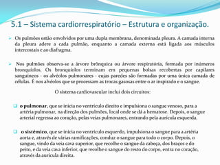 5.1 – Sistema cardiorrespiratório – Estrutura e organização.
 Os pulmões estão envolvidos por uma dupla membrana, denominada pleura. A camada interna
da pleura adere a cada pulmão, enquanto a camada externa está ligada aos músculos
intercostais e ao diafragma.
 Nos pulmões observa-se a árvore brônquica ou árvore respiratória, formada por inúmeros
bronquíolos. Os bronquíolos terminam em pequenas bolsas recobertas por capilares
sanguíneos - os alvéolos pulmonares - cujas paredes são formadas por uma única camada de
células. É nos alvéolos que se processam as trocas gasosas entre o ar inspirado e o sangue.
O sistema cardiovascular inclui dois circuitos:
 o pulmonar, que se inicia no ventrículo direito e impulsiona o sangue venoso, para a
artéria pulmonar, na direção dos pulmões, local onde se dá a hematose. Depois, o sangue
arterial regressa ao coração, pelas veias pulmonares, entrando pela aurícula esquerda.
 o sistémico, que se inicia no ventrículo esquerdo, impulsiona o sangue para a artéria
aorta e, através de várias ramificações, conduz o sangue para todo o corpo. Depois, o
sangue, vindo da veia cava superior, que recolhe o sangue da cabeça, dos braços e do
peito, e da veia cava inferior, que recolhe o sangue do resto do corpo, entra no coração,
através da aurícula direita.
 