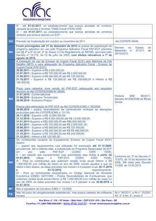 III - até 01.03.2011, ao estabelecimento que exerça atividade de comércio
     varejista de jornais e revistas, CNAE-Fiscal nº4761-0/02;
     IV – até 01.07.2011, ao estabelecimento que exerça atividade de comércio
     varejista que possua apenas um ECF.

GO   Previsão de Implantação em outubro ou novembro de 2011.                                         Ato COTEPE 06/08
     Ficam prorrogados até 31 de dezembro de 2010 os prazos de substituição do
                                                                                                    Decreto    do    Estado    do
     programa aplicativo em uso pelo Programa Aplicativo Fiscal PAF-ECF previstos
                                                                                                    Maranhão n°      27.017,   de
MA   nos §§ 4º e 5º do art. 2º do Anexo 3.3 do Regulamento do RICMS, aprovado pelo
                                                                                                    28/10/2010.
     Decreto nº 19.714, de 10 de julho de 2003, com efeitos retroativos a 1º de
     agosto de 2010.
     A Cessação de uso de Emissor de Cupom Fiscal (ECF) sem Memória de Fita
     Detalhe (MFD) e para adequação de Programa Aplicativo Fiscal - Emissor de
     Cupom Fiscal (PAF-ECF):
     30.06.2011 - Superior a R$ 2.000.000,00;
     31.07.2011 - Superior a R$ 720.000,00 até R$ 2.000.000,00;
     31.08.2011 - Superior a R$ 240.000,00 até R$ 720.000,00;
     31.10.2011 - Superior a R$ 120.000,00 até R$ 240.000,00 e Inferior a R$
     120.000,00.

     Prazo para cadastrar nova versão do PAF-ECF (adequação aos requisitos
     técnicos do Ato COTEPE/ICMS N° 06/08):
     31.07.2010 - Comercializável
                                                                                                    Portaria    SRE     88/2011.
     31.08.2010 - Exclusivo Terceirizado
MG                                                                                                  Decreto 44.938/2008 de Minas
     30.09.2010 - Exclusivo Próprio
                                                                                                    Gerais.
     Prazos para adequação do PAF-ECF ao Ato COTEPE/ICMS n° 06/2008:
     30.09.2010 - postos revendedores de combustíveis (inclusas as alterações
     produzidas pelo Ato COTEPE/ICMS n° 21/10);
     30.11.2010 - Superior a R$ 12.000.000,00;
     31.12.2010 - Superior a R$ 6.000.000,00 até R$ 12.000.000,00;
     31.01.2011-Superior a R$2.000.000,00 até R$6.000.000,00;
     31.03.2011 - Superior a R$ 720.000,00 até R$ 2.000.000, 00;
     30.06.2011 - Superior a R$ 480.000,00 até R$ 720.000,00;
     31.08.2011 - Superior a R$ 240.000,00 até R$ R$ 480.000,00;
     31.10.2011 - Superior a R$ 120.000,00 até R$ 240.000,00;
     31.12.2011 - Inferior a R$ 120.000,00.
     Os contribuintes usuários de Equipamento Emissor de Cupom Fiscal (ECF)
     devem:
     I – quanto aos equipamentos cuja utilização for autorizada até 31.12.2009,
     providenciar, até a referida data, a substituição do Programa Gerenciador de ECF
     em         uso         pelo      PAF-ECF          (CONV.         ICMS         15/08);
     II – em relação aos equipamentos cuja autorização seja obtida a partir de
                                                                                                    Conforme art. 3º do Decreto nº
     01.01.2010,       utilizar    o       PAF-ECF        (CONV.        ICMS       15/08);
                                                                                                    12.675, de 10 de dezembro de
     III - Para os contribuintes que auferiram receita bruta anual inferior a R$
MS                                                                                                  2008, NR dada pelo Decreto
     1.000.000,00 (um milhão de reais) no ano de 2009, exceto aqueles a que se
                                                                                                    13.005, de 14.06.2010.
     refere o item abaixo, as datas previstas nos incisos I e II passam a ser 30.11.2010
     e                           01.12.2010,                             respectivamente.
     IV - Para os contribuintes enquadrados no Código Nacional de Atividade
     Econômica (CNAE) G4731800 - Postos Revendedores de Combustíveis, que
     auferiram receita bruta anual inferior a R$ 1.000.000,00 (um milhão de reais) no
     ano de 2009, as datas previstas nos incisos I e II passam a ser 30.06.2010 e
     01.07.2010.
MT   Não é signatário do Convênio ICMS n° 15/2008.
     Não há prazo de obrigatoriedade estabelecido, mas possui cadastro de softwares                 IN n° 06/2011, e IN n° 15/2001
PA
     houses.                                                                                        Art. 2° e Art. 4°, inciso II.
                         Rua Sílvia, nº. 110 – 10º Andar – Bela Vista – CEP 01331 -010 – São Paulo – SP
             Fone/Fax: (11) 3284-7080/3284-8281 - www.afrac.com.br – E-mail: diretoriaexecutiva@afrac.com.br
 