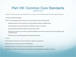 Part VIII: Common Core Standards
                                                         (Session Four)

Please list all relevant Common Core Standards here, as well as any relevant Massachusetts Proposed Additional Standards.


 Phonics and Word Recognition

RF.2.3. Know and apply grade-level phonics and word analysis skills in decoding words.

      Distinguish long and short vowels when reading regularly spelled one-syllable words.

      Know spelling-sound correspondences for additional common vowel teams.

      Decode regularly spelled two-syllable words with long vowels.

      Decode words with common prefixes and suffixes.Identify words with inconsistent but common spelling-sound
      correspondences.

      Recognize and read grade-appropriate irregularly spelled words

Fluency

RF.2.4. Read with sufficient accuracy and fluency to support comprehension.

Read grade-level text with purpose and understanding.

Read grade-level text orally with accuracy, appropriate rate, and expression.

Use context to confirm or self-correct word recognition and understanding, rereading as necessary.
 