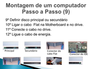 9º Definir disco principal ou secundário
10º Ligar o cabo Flat na Motherboard e no drive.
11º Conecte o cabo no drive.
12º Ligue o cabo de energia.



Principal   Secundário   Conector do
                         cabo Flat     Conector do IDE
 