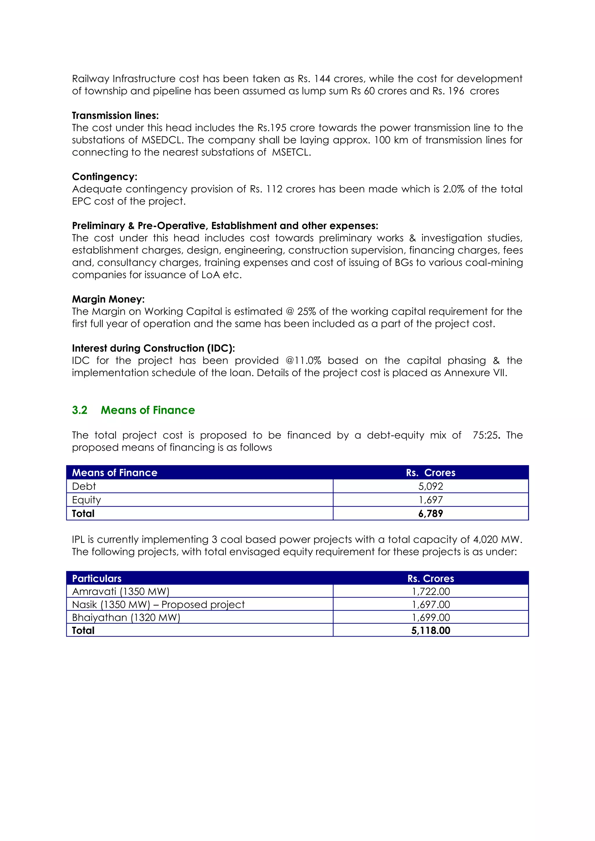 Railway Infrastructure cost has been taken as Rs. 144 crores, while the cost for development
of township and pipeline has been assumed as lump sum Rs 60 crores and Rs. 196 crores

Transmission lines:
The cost under this head includes the Rs.195 crore towards the power transmission line to the
substations of MSEDCL. The company shall be laying approx. 100 km of transmission lines for
connecting to the nearest substations of MSETCL.

Contingency:
Adequate contingency provision of Rs. 112 crores has been made which is 2.0% of the total
EPC cost of the project.

Preliminary & Pre-Operative, Establishment and other expenses:
The cost under this head includes cost towards preliminary works & investigation studies,
establishment charges, design, engineering, construction supervision, financing charges, fees
and, consultancy charges, training expenses and cost of issuing of BGs to various coal-mining
companies for issuance of LoA etc.

Margin Money:
The Margin on Working Capital is estimated @ 25% of the working capital requirement for the
first full year of operation and the same has been included as a part of the project cost.

Interest during Construction (IDC):
IDC for the project has been provided @11.0% based on the capital phasing & the
implementation schedule of the loan. Details of the project cost is placed as Annexure VII.


3.2   Means of Finance

The total project cost is proposed to be financed by a debt-equity mix of           75:25. The
proposed means of financing is as follows

Means of Finance                                                      Rs. Crores
Debt                                                                     5,092
Equity                                                                   1,697
Total                                                                    6,789

IPL is currently implementing 3 coal based power projects with a total capacity of 4,020 MW.
The following projects, with total envisaged equity requirement for these projects is as under:

Particulars                                                           Rs. Crores
Amravati (1350 MW)                                                     1,722.00
Nasik (1350 MW) – Proposed project                                     1,697.00
Bhaiyathan (1320 MW)                                                   1,699.00
Total                                                                  5,118.00
 