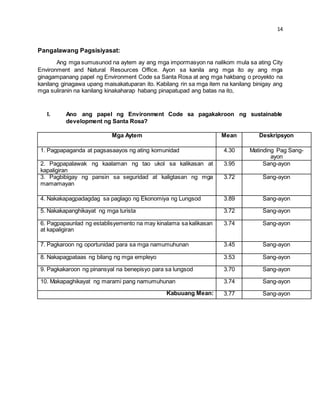 14 
Pangalawang Pagsisiyasat: 
Ang mga sumusunod na aytem ay ang mga impormasyon na nalikom mula sa ating City 
Environment and Natural Resources Office. Ayon sa kanila ang mga ito ay ang mga 
ginagampanang papel ng Environment Code sa Santa Rosa at ang mga hakbang o proyekto na 
kanilang ginagawa upang maisakatuparan ito. Kabilang rin sa mga item na kanilang binigay ang 
mga suliranin na kanilang kinakaharap habang pinapatupad ang batas na ito, 
I. Ano ang papel ng Environment Code sa pagakakroon ng sustainable 
development ng Santa Rosa? 
Mga Aytem Mean Deskripsyon 
1. Pagpapaganda at pagsasaayos ng ating komunidad 4.30 Matinding Pag Sang-ayon 
2. Pagpapalawak ng kaalaman ng tao ukol sa kalikasan at 
kapaligiran 
3.95 Sang-ayon 
3. Pagbibigay ng pansin sa seguridad at kaligtasan ng mga 
mamamayan 
3.72 Sang-ayon 
4. Nakakapagpadagdag sa paglago ng Ekonomiya ng Lungsod 3.89 Sang-ayon 
5. Nakakapanghikayat ng mga turista 3.72 Sang-ayon 
6. Pagpapaunlad ng establisyemento na may kinalama sa kalikasan 
at kapaligiran 
3.74 Sang-ayon 
7. Pagkaroon ng oportunidad para sa mga namumuhunan 3.45 Sang-ayon 
8. Nakapagpataas ng bilang ng mga empleyo 3.53 Sang-ayon 
9. Pagkakaroon ng pinansyal na benepisyo para sa lungsod 3.70 Sang-ayon 
10. Makapaghikayat ng marami pang namumuhunan 3.74 Sang-ayon 
Kabuuang Mean: 3.77 Sang-ayon 
 