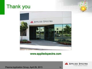 Plasma Application Group, April 29, 2013
Thank you
19
www.appliedspectra.com
 