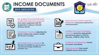 Copy of Lease Contract and Tax
Declaration (if income is derived from
rental payments)
Commission Vouchers reflecting the
issuer’s name and contact details
(for the last 12 months)
Certified True Copy of Transport
Franchise issued by appropriate
government agency (LGU for
tricycles, LTFRB for other PUVs)
ITR, Audited Financial Statements,
& Official Receipt of tax payment
from bank supported with DTI
Registration & Mayor’s Permit/
Business Permit
SELF -EMP LOY ED
Bank Statements or passbook for
the last 12 months (in case income is
sourced from foreign remittances,
pensions, etc.)
Certificate of Engagement issued
by owner of business.
Other document that would
validate source of income.
 