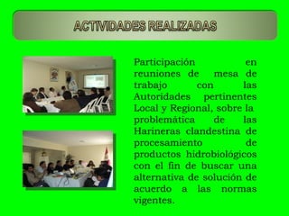 Participación en reuniones de  mesa de trabajo con las Autoridades pertinentes Local y Regional, sobre la  problemática de las Harineras clandestina de procesamiento de productos hidrobiológicos con el fin de buscar una alternativa de solución de acuerdo a las normas vigentes.  