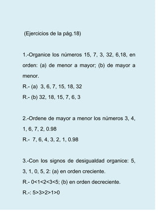 (Ejercicios de la pág.18)



1.-Organice los números 15, 7, 3, 32, 6,18, en

orden: (a) de menor a mayor; (b) de mayor a

menor.
R.- (a) 3, 6, 7, 15, 18, 32
R.- (b) 32, 18, 15, 7, 6, 3



2.-Ordene de mayor a menor los números 3, 4,
1, 6, 7, 2, 0.98
R.- 7, 6, 4, 3, 2, 1, 0.98



3.-Con los signos de desigualdad organice: 5,

3, 1, 0, 5, 2: (a) en orden creciente.
R.- 0<1<2<3<5; (b) en orden decreciente.

R.-: 5>3>2>1>0
 