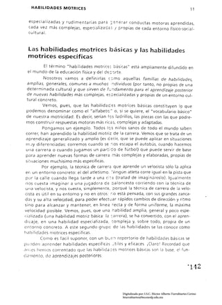 HABILIDADES MOTRICES                                                                                   11


  especializadas'j rudimentarias par::: ::; E:n.er a r cond uctas motoras aprendidas,
  cada vez más complejas, espe,:ializa :s J propias de cada entorno fisico-:50cia 1­
  cultural.



  Las habilidades motrices básicas y las habilidades 

  motrices específicas 

          término "habilidades motrícE::: 8ásícas" está ampliamente difundido en 

 el mundo de la educación física y del dc::::-:;rte. 

         Nosotros vamos a definirlas e: mo aquellas familias de habilidades 

 amplias, generales, comunes a muchosndi'/iduos (por tanto, no propias de un~ 

 determinada cultura) y que sirven de fr..::Jdamento para el aprendizaje posterior 

 de nuevas habilidades más complejas, Es:;ecializadas y propias de un entorno cul­

 tural concreto. 

              Vemos, pues, que las habilidaces motrices básicas constituyen 19 que 

   podemos denominar como el alfabeto" o, si se quiere, el "vocabulario básico"

                                   u


  de nuestra rnotricidad. Es decir, serían Iss ladrillos, las piezas con las que podre­ 

  mos construir respuestas motoras más ríc;:;:>, complejas y adaptadas. 

              Pongamos un ejemplo. Todos les niños sanos de todo el mundo saben. 

  correr, han aprendido la habilidad motriz de la carrera. Vemos que se trata de un 

  aprendizaje generalizado y amplio (es ¿          r, que se puede aplicar en sitUaciones 

  m ..1 Y di ferenciadas: corremos cuando se :""os escapa el autobús, cuando hacemos 

  una carrera o cuando jugamos un partíc:o de fútbol) que puede servir de base 

  para aprender nuevas formas de carrera ;¡¡ás complejas y elaboradas, propias de 

  si:.lJaciones muchísimo más específicas. 

             Por ejemplo, la técnica de carrer;:; que aprende un velocista sólo la aplica
  ero un entorno concreto: el del atletismo ..'·Jingún atleta corre igual en la pista que
  pür la calle cuando llega tarde a una c;:~ (tratad de imaginároslo). Igualmente
  nos cuesta imaginar a una jugadora de :;aloncesto corriendo con la técnica de
  una velocista, y nos cuesta, simplemente, porqué la técnica de carrera de la velo ­
 (ista es útil en su entorno y no en otros: ;,0 está pensada, con sus grandes zanca ­
 das y su a Ita velocidad. para poder efectcar rápidos cambios de dirección y ri"!:mo
 sino para alcanzar y mantener, en línea ~ecta y de forma uniforme. la máxima
 velocidad posible. Vemos. pues, que una nabilidad amplia, general y poco espe­
 (i¿¡lizada (una habilidad motriz básica: la "'arrera), se ha convertido, con el apren
 diLaje, en una habilidad especializada, compleja y, sobre todo, propia de un
 en torno concreto. A este segundo grupc de las habilidades se las conoce como
 habilidades motrices específicas.
            Como es facil suponer, con un bl.'é':l repertorio de habilidades básicas se
Plj:>den aprender habilidades especificas ....:tiles y eficaces. ¡Clare l Recordad que
,ll;.CS hemos correntado que las habílida=es motrices báslcJS son la base, el fun­
(lcl~nen to, dc: aprendizajes posteriores.


                                                                                                        "142



                                                    Digitalizado por: I.S.C. Hèctor Alberto Turrubiartes Cerino
                                                    hturrubiartes@beceneslp.edu.mx
 