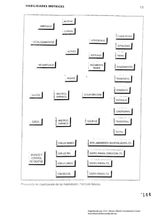 HABILIDADES MOTRICES                                                                                                                       13




                                               j   Mt?GiA

                     HABITUALES

                                               i   C¡..?RERA
                                                                                                                 'J ,,-U'A~R' 'P--I' S
                                                                                                                 '1 (-- LJ d,) !::j) A
                                                                               ~ HORIZONTALES

                                                                                                               ~ ~E?TACiONES
                                                                                                               "
                                                                              .; VERTICALES



                    NO HABITUALES                                             ; ROZAMIENTO
                                                                              ,   MENOR                    ~ D~5UlAMIENTOS
                                                                                                           ,.'




                                                                                                           J      TRANSPORTES



                                                                                                           , HORIZONTES
                                  ~ MÚLTIPLES
                                  .¡                               ; SEGÚN DIRECCIÓN
                                  ~ VARIABLES                                                          - !l           ,""~-   ..-- ­
                                                                                                           ~ VERTICALES




                                                                                                          .. _ __                      . __ .
                                    ~
                                                                                                                      ""_--:--:".~_r




                                    -4 MÚLTIPLES                     ~   SEGÚN EJE
                                                                                                          "
                                                                                                          ~      TRANSVERSAL
                                    ~ VARIABLES
                                    ....
                                                                                                          :;




                                      'l                                  ~
                                      ~ CON        LAS MANOS              ~ BOTE, LANZAMIENTO, RECEPCiÓN, GOLPEO, ETC
                                     :J




           MMJEJOY 

           CONTROL 

                                    !      CON LOS PIES        J
        : DE OBJETOS
                                    :l     CON LA CABEZA       l
                                                                         ~!
                                    ,1     CON OBJETOS                   '1 GOLPEO, PARADA. ETC
                                                                         :1



Pr()tJliI''itJ   de clasificación dI::.' {as habilidades :,:otrices basiGJs.




                                                                              Digitalizado por: I.S.C. Hèctor Alberto Turrubiartes Cerino
                                                                              hturrubiartes@beceneslp.edu.mx
 