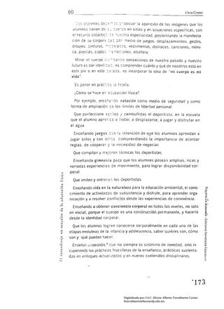 Alíci.l Grasso


           '-:;s CGc::ntes ce:        ~ "': ''JOlclar la aparición de las imágenes que los
         alumnos tienen          --   :'Je':'0   en sitios y ef",: situaciones espet:íficas, con
         el r<::c~rso c.:idáctic:: :::: í:..;'::tra especialidad, posibilitando la manifesta.
        ción de su corpor:: :::é: ¡:;,cr medio de Juegos, desplazamientos, gestos,
        dibuJos, ;Jlnturas, -.-:; :,:!ac:r;s, vestimentas, disíraces. canciones, mími.
        ca, poesfas, copla:       ;;:'r.aC:0nes, etcétera.

          Mirar el cuerpo '¡"¡'"ca":::0 sensaciones de nuestro pasado y nuestro
        futuro es dar ident:C:é:. es comprender cuánto y qué de nosotros está en
        este pie o en esta .::::;;:       ,es incorporar la idea de "mi cuerpo es mi
        vida",

          Es poner en pr¿c::c:; la t:;'Jría.

          ¿Cómo se hace .ei. s:::ucación física?

          Por ejemplo, ens:::",é:-:do natación como medio de seguridad y como
        forma de ampliación es los lírnites de libertad personal.

         Que perfeccione sst:!os          j   zambullidas el deportista, en la escuela
       que el alumno apr::!,-:é a fiotar, a desplazarse. a jugar y disfrutar en
       el agua.

         Enseñando juegos (;:;n té intención de q~e los alumnos aprendan a
       jugar solos y con ot . . :;s comprendiendo la importancia de acordar
       reglas. de coopera: y la necesidad de negociar.

         Que compitan y iT,ejGren técnicas los deportistas.

         Enseñando gimnasia Pé03 que los alumnos posean amplias, ricas y
       variadas experiencias de movimiento, para lograr disponibilidad cor·
       poral.

         Que imiten y entrer:er. los deportistas.
 2:
-c       Enseñando vida en la naturaleza para la educación ambiental, el cono·
u
<      cimiento de actividades de subsistencia y disfrute, para aprender orga­
u
       nización 'J a resolver conflictos desde las experiencias de convivencia.

         Enseñando a obtener conciencia corporal en todos los niveles. no solo
       en inicial, porque el cuerpo es una construcción permanente, y hacerlo
e
       desde la identidad corporal.

         Que los alumnos logren conocerse corporalmente en cada una de las
       etapas evolutivas de la infancia y adolescencia, saber quiénes son, cómo
       son y qué pueden hacer.
.-::
N


        Enseñar "-,;lovando,') c:;ue no siempre es sinónimo de novedad, sino re­
       c~perJndo las prácticas fructíferas de la enseñanza, prácticas sustenta·
c..
..:    das en enfoques actua!lzados y en nuevos contenidos disciplinares.




                                                                                                    "173 


                                              Digitalizado por: I.S.C. Hèctor Alberto Turrubiartes Cerino
                                              hturrubiartes@beceneslp.edu.mx
 