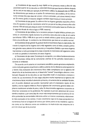 a) Crecimiento de tipo neural. Es muy rápido en los primeros meses y años de vida
  postnatal; a partir de los dos años su velocidad disminuye para hacerse mínima después
  de los seis; en esa edad, por ejemplo, el perímetro cefálíco ha alcanzado más de 90% de
  las dimensiones que tendrá en el adulro. Es característico del encéfalo y de las estruc­
  turas conexas (los ojos, base del cráneo .....cintura etmoídaJ- y el cráneo mismo) crecer
 así. En menor grado, el intestino delgado también experimenta el mismo proceso.
     b) Crecimiento de tipo genital. Se refiere al de los órganos genitales masculino y feme­
 nino. Es opuesto al tipo de crecimiento anterior, ya que en los diez primeros años sólo
 alcanza 10% del total para después tener incrementos acentuados hasta los 20 años (en
 la segunda década de vida se logra el 90% restante).
    c) Crecimiento de tipo linfático. Se le reconoce porque el tejido linfático primero pre­
 senta un crecimiento rápido durante los primeros siete años de la vida. de tal suerte
 que alcanza 120% a 140% de lo que será su estado adulto; a partir de los siete años se
 inicia una atrofia que lo conducirá a las dimensiones que tiene en un adulto normal.
    d) Crecimiento de tipo general. Es gradual desde el nacimiento hasta la edad adulta. Así
 crecen la mayoría de los órganos de la vida vegetativa como el riñan, corazón, pulmo­
 nes. grandes vasos, además de los músculos y el esqueleto. Debido a que estos órganos
 representan un alto porcentaje de la masa corporal, el crecimiento del organismo como
un todo es paralelo al crecimiento de estos órganos.
    e) Crecimiento de tipo mixto. Constituye la excepción y se refiere fundamentalmente
a las variaciones cíclicas de las estructUras uterinas en los periodos menstruales o
durante el embarazo.
    De acuerdo con lo anterior, el crecimiento encefálico puede apreciarse empleando.
como indicador general, el perímetro cefálico, además de los diámetros anteroposterior
y lateral. Esta evaluación del crecimiento fisico debe completarse con la vigilancia del
desarrollo de las funciones, esto es, el desarrollo "mental" (neurológico, afectivo o inte­
lectual). Después de los dos años, es casi imposible medir el crecimiento craneano a
través de sus incrementos. En esta etapa adquiere mucha importancia la vigilancia del
crecimiento facial. incluidos la dentición primaria y el aumento de las cavidades faciales,
por el posible obstáculo que pueden representar para el crecimiento rápido de los
tejidos y de los órganos linfáticos. Para la vigilancia del crecimiento general deben em­
plearse mediciones seriadas de peso y talla. En determinados segmentos corporales se
observan variaciones en los gradientes. Por ejemplo, la porción abdominal del tronco
tiende a madurar y. por tanto, deja de crecer más tempranamente que la torácica. En los
años puberales las extremidades inferiores sufren un intenso crecimiento, relativamen­
te más acentuado en los varones. A este crecimiento sigue en la etapa postpuberal un
incremento final en la longitud del tronco; por último, tanto en los miembros superio­
res como en los inferiores exíste una tendencía a la maduración más temprana de la
porción distal que de la proximal.



                                           110
                                                                                                    ·Q32

                                                        Digitalizado por: I.S.C. Hèctor Alberto Turrubiartes Cerino
                                                        hturrubiartes@beceneslp.edu.mx
 