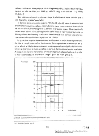 talla en centímetros. Por ejemplo, al nacer, el segmento antropométrico de un individuo
     tendría un valor de 60 (si pesa 3 000 g y mide 50 cm) y al año sería de 133 (10 080/
     75.6). [ ... ]
         Este valor es mucho más preciso para juzgar la relación entre ambas variables que el
     uso de graficas o tablas "peso/talla".
         e) Cambios de la composióón corporal. 15 De los 12 a los 60 meses. la velocidad del
     crecimiento muscular es gradual y moderadamente mayor hasta convertirse en asintótica
     de los seis a los nueve años (gráfica 6). periodo en el que no existen diferencias signifi­
     cativas entre los dos sexos; pero a partir de los 60 meses el vigor muscular aumenta en
     forma paulatina en el varón y se hace más acentuado que el de las niñas. Estas diferen­
     cias aumentarán notablemente a partir de los 10 años.
        La grasa tiene mayores incrementos en la niña que en el varón, desde el primer año
 de vida; al cumplir cuatro años. disminuye en forma significativa, de modo que en el
 sexto año de la vida los incrementos son negativos normalmente (gráfica 6). Esto con­
 tribuye a determinar la silueta y explica. en parte. la disminución del apetito en el niño.
 A causa de los mayores incrementos previos en el panículo adiposo. la silueta de la niña
 es más "redondeada", es decir menos "magra" que la del varón (gráfica 7).


              Porcentajes      100

                                90

                                80                      1
                                               Segmento superior
                                70

                                60

                               50

                               40

                               30
                                     V
                                         ~
                                             ~          -­                           I
                                                                                         -


                               20                  I        St.-gmento inferior

                                                                    't­
                               10                  I                é.­

                                O
                                                                          I
                                                                                    I
                                                                                    I
                                     O     1       :2           3      4            5      6




Gráfico 5. Aumento relativo de los sl'gmentos ce la talla.


15   R. Ramos Galván, op. cit.

                                                        116 


                                                                              Digitalizado por: I.S.C. Hèctor Alberto Turrubiartes Cerino
                                                                              hturrubiartes@beceneslp.edu.mx
 