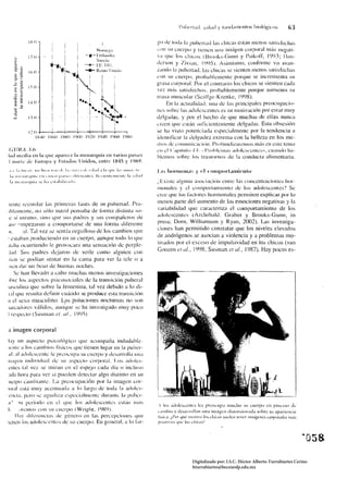 I'ul¡¡'rlad, ;.dlld Y ílllld,lIllt'lltos bíolúgicos                      63

                                                                                                      gIl de loda I;¡ jlubertad las chicas estín menos Sal is fechas
                                                                 Nt.ftlt;t!;1                         UI1J Sl1 cuerpll y tienen lIlla illl<Ígcll corporal mús ncgati­
                   17,11                                  _./t-- l:irllan;lo;l                        va que los t:iJiCllS (Brooks-Ciulln y Paikoff, 11}1}3; IklJ­
                                                                 Suc<:i"
                               ~ i                 I      ••... ¡:LIHI.                               dCl'son y Zivi¡111. 1995). Asimismo, conformc va avall­
                   I (JO       I -~l~.             N!
                                                    -,           R<:illo JII,idO
                                                                                                      Lando la pubertad, las t:llicas se sienten lIlenos sat is fechas
                                                                                                      L'()11 su t:uerpo. probablemente porque se incrementa su
                                !              I
                                              't            I                   :
                                I
                                         l'

                                               I            ¡                   ;
    -              151l 

                                                   1
                                                                                                      grasa corporal. Por el contrano los chicos se sienlen c¡¡da
    o::    :.. 

                               I        1 : -. I                                !                     vcz m;Ís satisl'echos, prohablemente porque aumenta :.;u
         '"                                                         ~                                 masa muscular (SeilTge- K renke, I YI}8).
                                                                    i'
                                         j                  )                   !


     ... ~
    "C
                   1-1.0                               ! ••. ~                  !                           En la actualidad. ulla de las principales preocllpat:io­
     E     ~                                                '"       I.ltl
    ....           1. ,11                                 .¡,
                                                            ,
                                                                    t.'" ;-.
                                                            I •... , !.~1I-
                                                                      ••.i
                                                                                                      nt:s sohre las adolescellles eS su mOtivación por estar muy
                                                                                                      delgadas, y por el hecho de que muchas de ellas nunca
                                                                     ¡           ,'"                  creen que est;in ~ulicíel1temente delgadas. E:;ta ohscsión
                   12.11 	-l--í---+--+--+--+I--t--o                                                   ~e ha vi:,to potenciada e~recJ;.¡l1Hellle por la tendellcia a
                       I x..¡o t X60 I XXO 1')[)O 1')20 I !)·m I '!h0 I'mo                            idelllilicar la delgadez exlrema con la belleza en los me ­
                                                                                                      diOS dt: L'()l1l1l1liL'¡¡~'i(iIL Profundizaremos ill,is en esle lema
(;UUI 3.6                                                                                            t:1! d (';11)11111" 1-1: "I'rllhlclllas ;ldDk;sccllles n , cualldo ha­
iad mcdia en la que aparen: la menarquía en varios pubcs                                              blemos snhre los traslornos de la conducta alimentaría,
I norte de Europa y Estados Unidos, enln.' IH45 y 1<)69.
 ,1,,·1.1 1ft; i 1_ 11111111 ... ftill,I.· 1.1  lit '" .1.. ".l.ul,ll., 1(11' 1.1-, nin,I'. H,'

 l•• 1lH:II.tltlltl~t VII llllLU ,J.iI~.L':, lllkIUIlt':.. Ht"t lcuh:IIH:uh" 1.1 nJ.t<1
 l., 11,,'11,11 '1uí.1 '1: h.I "I.lhill/..IlI",                                                       ¡E¡¡isIC algulJa asociacílÍlI elltre las cO/lt:cntracJol1es lIor­
                                                                                                      1ll01l,tlcs y el t:olllportamícllto de los adolescentes'? Se
                                                                                                      Lree que los ractmes hormonales permiten explic4lf por lo
 telllt: recordar las primeras rases de Sil puhertad. Pro ­                                           menos parte clel aumento de las emociones negativas y la
 dlklllellle, no sólo lIsted pensaba de rorma distinla so­                                            variabilidad que car;.¡cleriza el comp0rlamiento de los
 e sí mislllo, sino qll~ :;¡¡S padres y sus cOll1paileros de                                          adolescentes (Archíbald. Graber y Brooks-Gunn, in
as,- "mpezaron a comportarse de una forma diferente                                                   press; Dom, Williamson y Ryan, 2002). Las investiga­
 11.     :d. Tal vez se senlía orgulloso de los cambios qlle                                          ciones han permitido constatar que los niveles e !evados
. estahan produciendo en Sil cueqlO, aunque todo lo que                                               de andrógenos ,se asocian a violencia y a problemas mo­
,I;¡ha ocurriendo le provocara una sensación de perple ­
                                                                                                      tivados por el exceso de impulsividad en los chicos (van
.bd. Sus padres dejaron de verle como alguien COI!                                                    GO(Jzen el al., 19lJ8; Susman el al., 19H7). Hay pocos es ­
,Iíel! se podían sentar en la callla para ver la tele o a
 Ilen dar Ull beso de buenas noches.
     Se han llevado a cabo muchas menos investigaciones
 Ilm: 10:-' aspectus psieoslH.:iah.:s de la trallsición Pllberal
lasculína que sobre la femenina, tal vez debido a lo di­
cíl que resuila definir cuándo se prouUI.:e esIU transición
11 el sexo masculino. L.<ls poluciones nocturnas no son
larcadores vúlidos, aunque se ha invcstígauo llluy poco
I n:specto ¡Susman el. al .. I YY5)


.) imagen corporal
  I;¡y un aspc:clO psicológico qUé acompa!1a indudahle ­
"Cllt..:   a los cambios físil:l1s que tienen lugar en kl pub..:r­
  Id: al adolesl:elltc k: preocupa su cuerpo y d..:sarrolla lIlIa
 ill;lgell individual de su aspecto corporal. I.os ¡uloles­
  Cllles lal vez se miran en el espejo t:ada día o incluso
  ;ld;1 hora para ver si pueden detectar algo distinto en su
 'lIelpo ca¡llhiall!~. La prcocupación por la imagen COl' ­
 lural ;::-.t;1 Illuy acentuada a lo largo de loda la ;tdolcs ­
  L:llcia. pero sc ¡¡gulli/a t:speci;dlllenlc durante la (lllber­
 a,I "11 período en d quc los adokst:elllcs ¡;st¡íll 11I;lS
                                                                                                      , 1m   .ldllk·)(t:IlIC)   k,   prCO(lIp,1 Il1UdlO '" cuerpo             cn   PrulTSO    de
.k       .l1":1l10S con su t:llerpo (Wrighl, I()X<J).
                                                                                                      e.lIllllio )' de,ar ..ol1.111 un.l illlÚgl'1l dí~lorsi"l1;td~ sollre 5U aparicllcia
       Ilay dircrclIl:ias de género ..:n las percepciones que                                         fi::,ií...'a. ¿Por ,/ut! Illotil'O los dút.-os suclen leller illlfÍgnu::> c(),~)orllle5 IJlds
!I~l1!11 los adolescellles de su cuerpo. En gencral, a hl lar-                                       /,o:,;t inl::; IIItL' /11:) dli«¡,)~



                                                                                                                                                                                                      "058 


                                                                                                                             Digitalizado por: I.S.C. Hèctor Alberto Turrubiartes Cerino
                                                                                                                             hturrubiartes@beceneslp.edu.mx
 