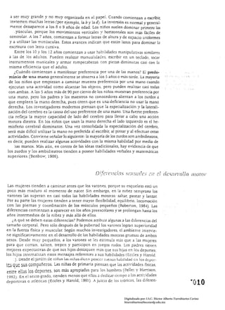 a ser muy grande y no muy organizada en el papel. Cuando comienzan a escribir,
  invierten muchas letras (por ejemplo, la b y la ti). La inversión es normal y general­
  mente desaparece a los 8 o 9 años de edad. Los niños suelen dominar primero las
     .YÚsculas, porque los movimientos verticales y horizontales son más fáciles de
  controlar. A los 7 años, comienzan a formar letras de altura y de eS¡Jacio uniformes
 ya utilizar las minúsculas. Estos avances indican que están listos para dominar la
 escritura con letra cursiva.
     Entre los 10 y los 12 años comienzan a usar habilidades manipularivas similares
 a las de los adultos. Pueden realizar manualic1aces, escribir en un teclado, tocar
 instrumemos musicales y armar rompecabezas con piezas diminutas casi con la
 misma eficiencia que el adulto.
    ¿Cuándo comienzan a manifestar preferencia por una de las manos? El predo­
 minio de una mano generalmente se observa a los 5 años o más tarde. La mayoría
 de los niños que empiezan a caminar muestra preferencia por una mano cuando
 ejecutan una actividad como alcanzar los objeras, pero pueden realizar casi todas
 con ambas. A los 5 años más de 90 por ciento de los niños muestran preferencia por
 una mano, pero los padres y los maestros no conocedores alientan a los zurdos a
 que empleen la mano derecha, pues creen que es una deficiencia no usar la mano
 derecha. Los investigadores modernos piensan que la especialización y la laterali­
zación del cerebro es la causa del uso preferente de una mano. Una fuerte preferen­
cia refleja la mayor capacidad de lado del cerebro para llevar a cabo una acción
motora diestra. En los niños que usan la mano derecha el lado izquierdo es el he­
misferio cerebral dominante. Una vez consolidada la especialización del cerebro,
será más dificil utilizar la mano no preferida al escnbir, al pintar y al efectuar otras
actividades. Conviene señalar 10 siguiente: la mayoría de los zurdos son ambidiestros,
es decir, pueden realizar algunas actividades con la misma habilidad por medio de
    'Jas manos. Más aún, en contra de las ideas tradicionales, hay evidencia de que 

los zurdos y los ambidiestros tienden a poseer habilidades verbales y matemáticas 

superiores (Benbow¡ 1986). 




                                                      D ".J['f'~' f
                                                        i ...   ¡
                                                                       J'
                                                                    1., J
                                                                            1 1': 1'"'1 ..'
                                                                                1.:. L J
                                                                            .. L.
                                                                                               "   (' "     7/ ..r [1 L .__
                                                                                               ~ .. {,. I'{...      ~
                                                                                                                      .i'"    n" '"
                                                                                                                               I
                                                                                                                              L·
                                                                                                                                      ~T
                                                                                                                                      ~~ i   dcsnrrollo   }Jl()tOi'


 Las mujeres tienden a caminar antes que los varones, porque su esqueleto está un
 poco más maduro al momento de nacer. Sin embargo, en la niñez temprana los
 varones las superan en casi todas las habilidades motoras: saltar, patear y lanzar.
 Por su parte las mujeres tienden a tener mayor flexibilidad, equilibrio, locomoción
 con las piernas y coordinación de los músculos pequeños (Rober::on, 1984). Las
 diferencias comienzan a aparecer en los años preescolares y se prolongan hasta los
 años intermedios de la niñez y más allá de ellos.
    ¿A qué se deben estas diferencias? Podemos atribuir algunas a las diferencias del
 tamaño corporaL Pero sólo después de la pubenad los varones logran superioridad
en la fuerza física y muscular: Según muchos investigadores, el ambiente intervie­
ne significativamente en el desarrollo de las habilidades motoras gruesas de ambos
sexos. Desde muy pequeños, a los varones se les esrímuIJ más que a las mujeres
para que corran, salten, trepen y participen en juegos rudos. Los padres rienen
mejores expectativas de que sus hüos destaquen más que sus hijas en los depones;
los hijos intemalizan estos mensajes referentes a sus habilidades (Eceles y HaroJd,
     '. J. Desde el jardín de niños las nii'ias dicen po:secr menos habílídad en 10:5 depor­
tes Que sus compañeros. Las niñas de primaria piensan que las actividades fisicas,
entr~ ellas 105 deportes, son más apropiadas para los hombres (Pellet y H.ar:ris~n.
 1992). En el sextO grado, tienden menos que ellos J dedicar tiempo a lJS aCtl·~.l~aaes
deportivas o atléticas (Eccles y Harold, 1991). A juicio de los teóricos, las clteren ­
                                                                                                                                                          "010 


                                                                                              Digitalizado por: I.S.C. Hèctor Alberto Turrubiartes Cerino
                                                                                              hturrubiartes@beceneslp.edu.mx
 