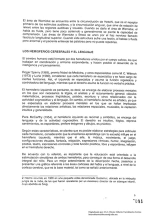 El, áre~ de Wernicke se encuentra entre la circunvolución de Heschl, que es el receptor
primario de los estímulos auditivos, y la circunvolución angular, que sirve de estación de
relevo entre las regiones auditivas y visuales, Cuando se daña el área de Wernicke, el
habla es fluida, pero tiene poco contenido y generalmente se pierde la capacidad de
comprensión. Las áreas de Wernicke y Broca se unen por el haz nervioso llamado
fascículo longitudinal superior. Cuando esta estructura sufre una lesión, el hablae s fluida
pero anormal y el paciente entiende las palabras pero no puede repetirlas.


LOS HEMISFERIOS CEREBRALES Y EL LENGUAJE

El cerebro humano está formado por dos hemisferios unidos por el cuerpo calloso, los que
trabajan en coordinación y armonía sorprendente, y hacen posible el desarrollo de la
inteligencia y el pensamiento.

Roger Sperry (1969), premio Nobel de Medicina, y otros especialistas como M. C. Wittrock
(1973) y Luria (1980), consideran que cada hemisferio se especializa y se hace cargo de
ciertas funciones. Así, el izquierdo se especializa y asume la función reguladora y
controladora del lenguaje, mientras que el derecho asume la función no verbal o práctica.

El hemisferio izquierdo es pensante, es decir, se encarga de elaborar procesos mentales
en los que son necesarios la lógica, el análisis y el razonamiento general: cálculos
matemáticos, procesos lingüísticos, palabra, escritura y otros relacionados con la
actividad cognoscitiva y el lenguaje. En cambio, el hemisferio derecho es artístico, ya que
se especializa en elaborar procesos mentales en los que se hallan implicadas
directamente las relaciones artísticas, las relaciones espaciales, musicales, la captación
intuitiva y generalizada.

Para McCarthy (1954), el hemisferio izquierdo es racional y simbóllco, se encarga del
lenguaje y de la actividad cognoscitiva. El derecho es intuitivo, ilógico, expresa
sentimientos, es espontáneo, prefiere imágenes y dibujos, es práctico.

Según estas características, se plantea que es posible elaborar estrategias para estimular
cada hemisferio, considerando que la enseñanza-aprendizaje (en la escuela) influye en el
hemisferio izquierdo, mientras que el arte, la música, movimiento, el juego,
configuraciones visuales, fantasía, relajación, expresiones rítmicas, humor, imaginación,
poesía, teatro, expresiones concretas y toda función práctica, libre y espontánea, influyen
en el hemisferio derecho.

De acuerdo con lo referido, es importante que la educación esté orientada a la
estimulación simultánea de ambos hemisferios, para conseguir de esa forma el desarrollo
integral del niño. Para un mejor entendimiento de la descripción hecha, pasamos a
presentar una gráfica referente a las áreas corticales del habla y el lenguaje, a nivel de la
corteza cerebral, que es la base material, tal como se señaló anteriormente.


2 Hecho ocurrido en 1920 en una pequeña aldea denominada Godamur, ubicada en la inhóspita
jungla de la India, de las que fueron rescatadas por un misionero director de un albergue infantíl,
cuyo apellido es Singj.



                                                                                                            6




                                                         Digitalizado por: I.S.C. Hèctor Alberto Turrubiartes Cerino
                                                         hturrubiartes@beceneslp.edu.mx
 