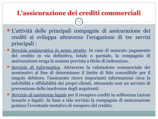 L'assicurazione dei crediti commerciali
L'attività  delle  principali  compagnie  di  assicurazione  dei 
crediti  si  sviluppa  attraverso  l'erogazione  di  tre  servizi 
principali :
 Servizio assicurativo in senso stretto. In caso di mancato pagamento 
del  credito  in  via  definitiva,  totale  o  parziale,  la  compagnia  di 
assicurazione eroga la somma prevista a titolo di indennizzo.
 Servizio di informativa.  Attraverso  la  valutazione  commerciale  dei 
nominativi  al  fine  di  determinare  il  limite  di  fido  concedibile  per  il 
singolo  debitore,  l'assicurato  riceve  importanti  informazioni  circa  la 
solvibilità e affidabilità dei propri clienti, ottenendo così un servizio di 
prevenzione delle insolvenze degli acquirenti.
 Servizio di assistenza legale per il recupero crediti in sofferenza (azioni 
bonarie e legali). In base a tale servizio la compagnia di assicurazione 
gestisce l'eventuale tentativo di recupero del credito.
30
 