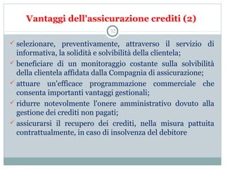 Vantaggi dell'assicurazione crediti (2)
 selezionare,  preventivamente,  attraverso  il  servizio  di 
informativa, la solidità e solvibilità della clientela;
 beneficiare  di  un  monitoraggio  costante  sulla  solvibilità 
della clientela affidata dalla Compagnia di assicurazione;
 attuare  un'efficace  programmazione  commerciale  che 
consenta importanti vantaggi gestionali;
 ridurre  notevolmente  l'onere  amministrativo  dovuto  alla 
gestione dei crediti non pagati;
 assicurarsi  il  recupero  dei  crediti,  nella  misura  pattuita 
contrattualmente, in caso di insolvenza del debitore
32
 