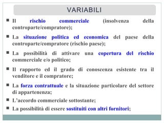  Il rischio commerciale (insolvenza della
controparte/compratore);
 La situazione politica ed economica del paese della
controparte/compratore (rischio paese);
 La possibilità di attivare una copertura del rischio
commerciale e/o politico;
 Il rapporto ed il grado di conoscenza esistente tra il
venditore e il compratore;
 La forza contrattuale e la situazione particolare del settore
di appartenenza;
 L’accordo commerciale sottostante;
 La possibilità di essere sostituiti con altri fornitori;
VARIABILIVARIABILI
 